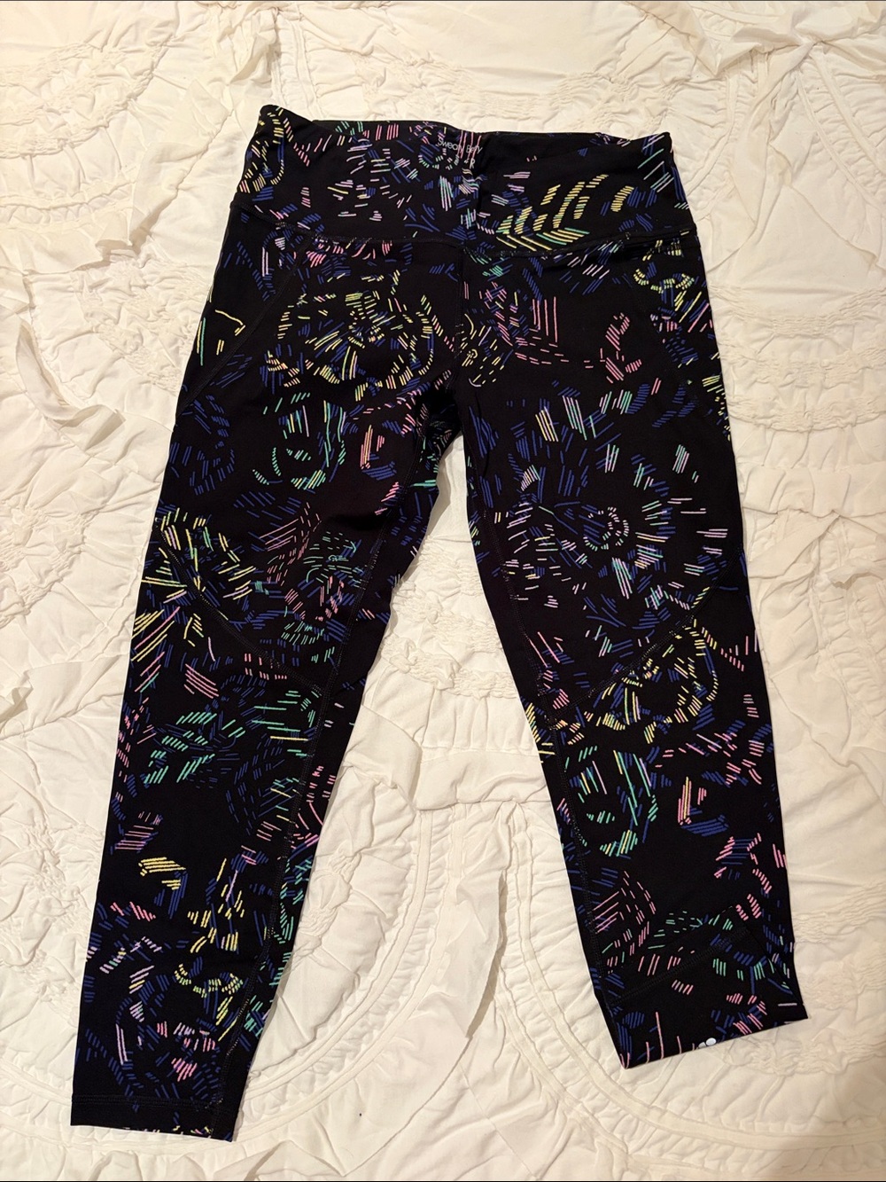 Sweaty Betty Black Cropped Leggings with Multicolor Neon Dash Print